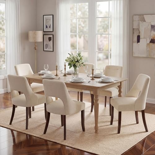 UVV Wooden Dining Chairs Set of 6, Mid Century Modern Fabric Upholstered Dining Room Chair Kitchen Chairs, Farmhouse Dinner Chair with Solid Wood Legs for Kitchen Dining Room, Beige - color: Beige, size: Set of 6