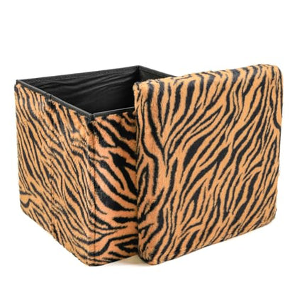 Luxe Faux Fur Storage Ottoman, Tiger Tan/White, 15 x 15 x 15 in | Engineered Wood, Tool-Free Assembly, Modern Style, Seat And Footrest - color: Tiger Tan/White, size: 15"D x 15"W x 15"H
