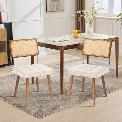 GarveeHome Natural Rattan Dining Chairs Set of 2, Linen Upholstered Kitchen Chairs with Tall Cane Backrest and Strong Wood Legs for Dining Room, Kitchen, Restaurant, Beige - color: Beige, size: 2 PCS