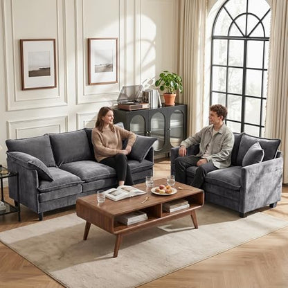 Loveseat Sofa Couch 2 Piece Set, Small Compact 50" Love Seat 27" Deep Cloud Sofa Set Washable Chenille Pillow Living Room Set for Apartment Office 50-Grey-2+2-1 - color: Grey, size: 50"+50"