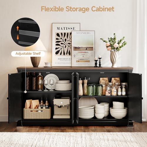 63 Inches Buffet Cabinet with Storage, Large Sideboard Cabinet with 4 Barn Doors, Adjustable Shelves, Wood Coffee Bar Station for Kitchen, Living Room, Black - color: Black