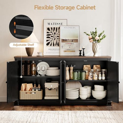 63 Inches Buffet Cabinet with Storage, Large Sideboard Cabinet with 4 Barn Doors, Adjustable Shelves, Wood Coffee Bar Station for Kitchen, Living Room, Black - color: Black
