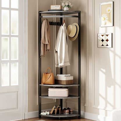 Corner Hall Tree with Shoe Bench & 6 Double Hooks, Space-Saving Entryway Corner Coat Rack with Storage Organizer & Shelf, Multi-Functional Hallway Storage Tree for Entryway, Hallway, Rustic Grey