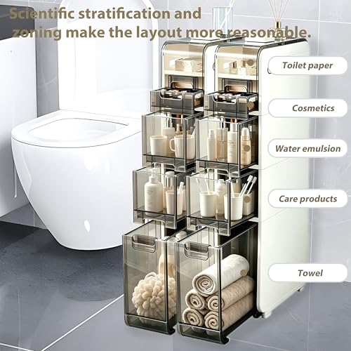 BGYMF 4-Tier Narrow Slim Bathroom Storage Cabinet,Movable,White | ABS and PP,with Wheels and Drawers,Large Storage Capacity,Water Resistant,Toilet Paper Holder,for Small Spaces - size: Ultra Thin 4 Tiers