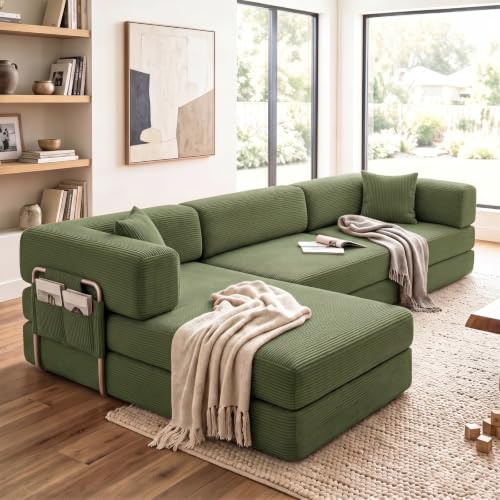 Folding Sofa Bed Convertable Corduroy Couch King Size Floor sleeper 4-in-1 DIY Combination Modular Sofa Fold Out Futon lounge Comfy Foldable Lazy cama For Living Room (green, 4-seater with a chaise) - color: Green, size: 4-seater with a chaise