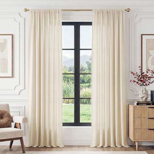 FMFUNCTEX Cream Sheer Curtains, 90 Inch, Rod Pocket, 2 Panels for Bedroom | Butter Cream Semi Sheer Airy Drapes for Living Room, Faux Silk, Light Filtering for Privacy Without Blocking Natural Light - color: Butter Cream, size: 52"W x 90"L (Pack of 2)