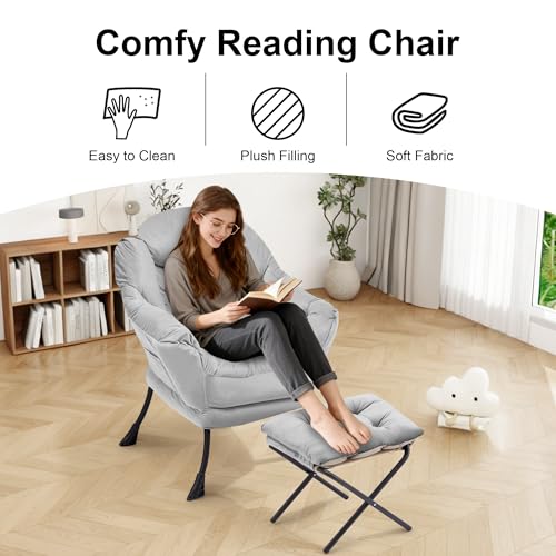 Lazy Chair with Ottoman, Modern Accent Lounge Chair with Side Pocket and Armrests, Cozy Reading Armchair with Footrest, Upholstered Sofa Chair for Small Spaces, Bedroom Living Room, Grey - color: Grey