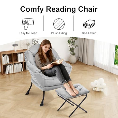 Lazy Chair with Ottoman, Modern Accent Lounge Chair with Side Pocket and Armrests, Cozy Reading Armchair with Footrest, Upholstered Sofa Chair for Small Spaces, Bedroom Living Room, Grey - color: Grey