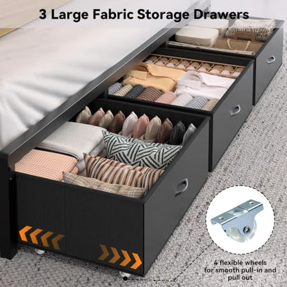 FreeHouse King Size Bed Frame with Storage Headboard & 3 Drawers, Black | Upholstered King Bed Frame with Charging Station & LED Lights,Fabric Drawers, Metal Slats, No Box Spring Needed Noise-Free - color: Black, size: King