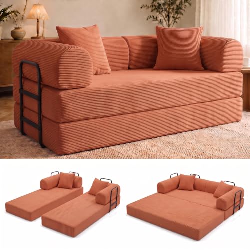 Convertible Sofa Bed Boneless Couch Folding Sofa | 3-in-1 foldable sofa bed with Removable Washable Corduroy Cover Deep Seat Modular Sofa for Living Room Apartment - color: Orange