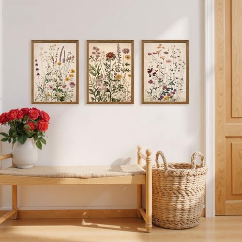 AVECCO 3 Piece Vintage Wildflower Botanical Framed Canvas Wall Art 12x16 in | Uv Fade-Resistant Ink, Giclée Print, Wooden Frame, Triptych Nature Floral Artwork, Ready to Hang, Living Room Bedroom Decor - color: Colorful, size: 16"L x 12"W