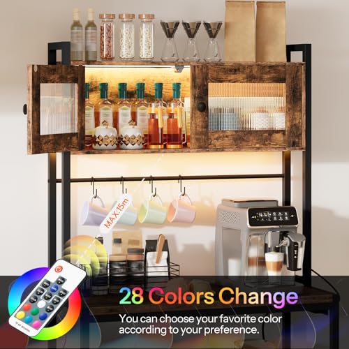 HOOBRO Bakers Rack with Storage Cabinet, 5-Tier Coffee Bar with Power Outlet and LED Lights, Industrial Microwave Oven Stand with Shelves, Kitchen Storage Shelf, Rustic Brown and Black BF13UDHB01 - color: Rustic Brown + Black