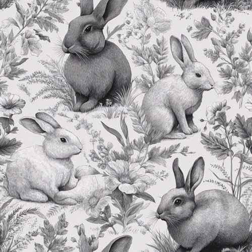 Black and White Vintage Rabbit Floral Peel and Stick Wallpaper | Monochrome engraving rabbit and wildflower print, Removable waterproof vinyl wall covering, bedroom accent wall decor - color: ML-M098, size: 17.7" x 118"