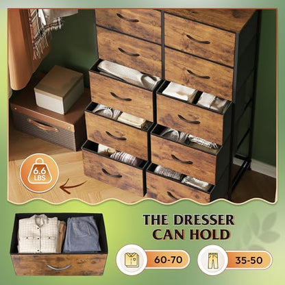 WLIVE Tall Dresser for Bedroom, Rustic Brown Wood Grain Print | 10 Drawers, Fabric Dresser for Closet, Storage Tower with Cabinet, Metal Frame - color: Rustic Brown Wood Grain Print