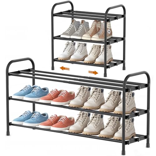 INSMART 3-Tier Expandable Shoe Rack, Stackable and Adjustable Shoes Organizer Storage Shelf, Sturdy and Durable Metal Structure Free Standing Shoe Rack for Closet Entryway Doorway - color: Black, size: 3-Tier