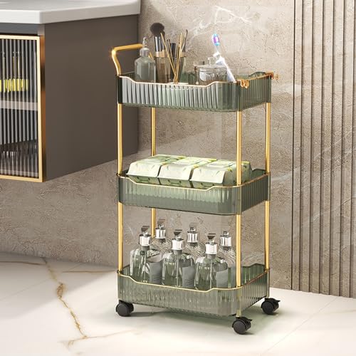Acrylic Storage Trolley, Bathroom Kitchen Rolling Utility Cart Mobile Organization Shelves with Handle and Lockable Wheel(Green,3 Tier) - color: Green, size: 3 Tier