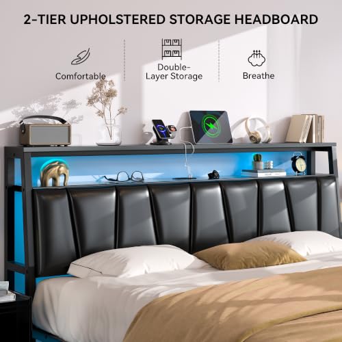 FreeHouse King Size Bed Frame with Storage Headboard & 3 Drawers, Black | Upholstered King Bed Frame with Charging Station & LED Lights,Fabric Drawers, Metal Slats, No Box Spring Needed Noise-Free - color: Black, size: King