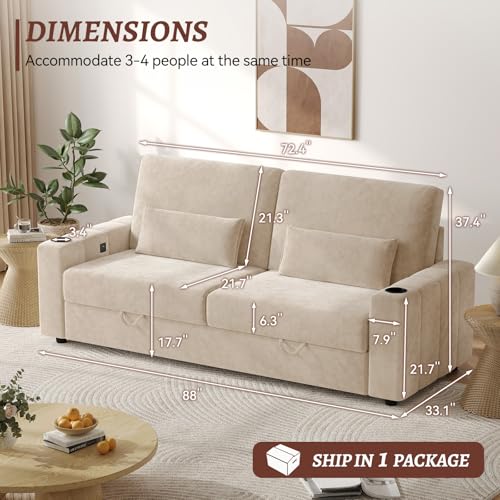 COPIAE Loveseat Sofa, Larger Couch Velvet Fabric with Storage, Charging Ports, Heightened Backrests, Removable Cover Modern Comfy Couches Easy Assembly for Living Room, 88 Inch Beige - color: Beige