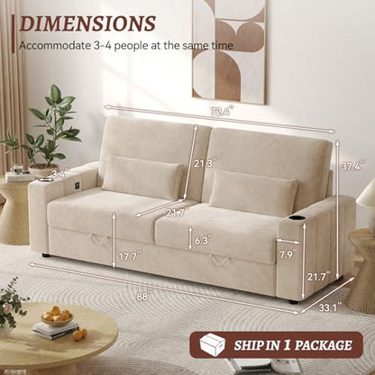 COPIAE Loveseat Sofa, Larger Couch Velvet Fabric with Storage, Charging Ports, Heightened Backrests, Removable Cover Modern Comfy Couches Easy Assembly for Living Room, 88 Inch Beige - color: Beige