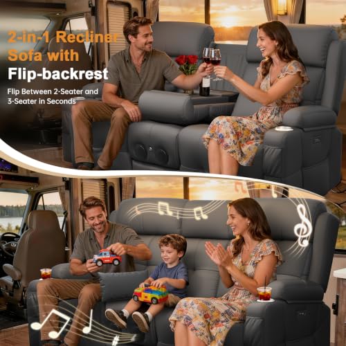 Home Theater Seating, Power Loveseat Recliner Sofa with Massage & Heat | Wall Hugger Reclining Loveseat with USB, RV Couch with LED Lights, Flip Backrest, Cup Holders for Movie Theater, Gaming Room - color: Pebbled Dark Gray, size: 72" - 2 Seats