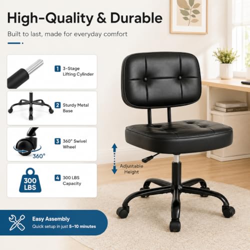 Armless Drafting Chair, Ergonomic PU Leather Home Office Computer Task Chair with Lumbar Support, Height Adjustable Swivel Rolling Chair for Small Spaces, Vanity, Bedroom, Study, Living Room, Black - color: Black -Basic
