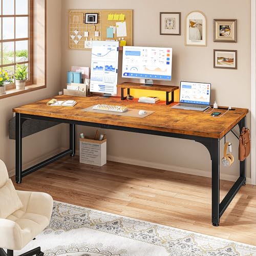 DurayLoly 55 x 24 inch Desk, 24mm Thick Heavy Duty Computer Desk with RGB LED & Power Outlets, Gaming Desk with Detachable Stand, 150LBS Load Capacity, Work Gaming Desk for Home Office, Brown - color: Brown, size: 55 Inch