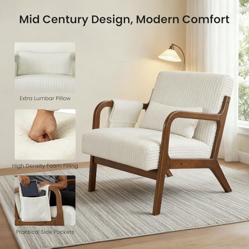 DUMOS Mid Century Modern Accent Chair, 17'' Seat Height with Side Pocket | Upholstered Small Side Chair with Lumbar Pillow and Wood Frame for Living Room, Bedroom, Reading Nook, Easy Assembly, Beige - color: Beige, size: 1 PC