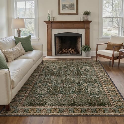5x7 Washable Area Rug for Living Room, Non Slip, Dark Green Brown | Vintage Floral, Spill Resistant, Lightweight Ultra-Thin Carpet for Bedroom, Dining Room and Office - color: Dark Green Brown, size: 5' x 7' (Rectangular)