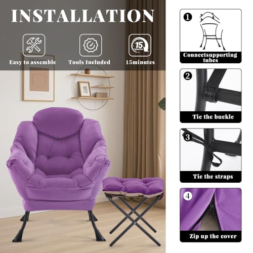 Lazy Chair with Ottoman, Comfy Reading Chair, Purple | Cushioned Seat with Foldable Ottoman and Side Pocket, Lounge Chair for Bedroom, Living Room, Dorm and Small Spaces - color: Purple