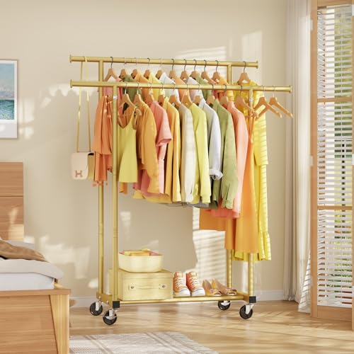 HYSEYY Double Rods Clothes Rack, Sturdy Rolling Clothing Rack, Portable Clothing Racks for Hanging Clothes - Metal Garment Rack Wardrobe Coat Rack for Bedroom Laundry Living Room, Gold - color: Gold