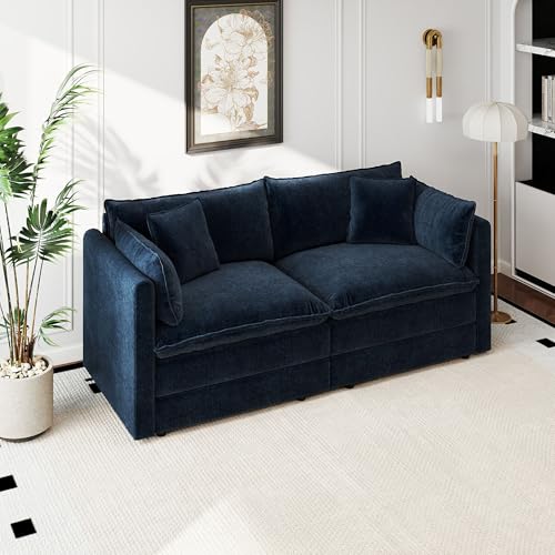 Aoowow Modular Sectional Sofa Modern Convertible Loveseat Couch,77.16 Inch Deep 2-Seater Sofas Comfy Chenille Cloud Sofas and Couches with Pillows for Living Room Apartment（Blue） - color: Blue, size: 2 Seat