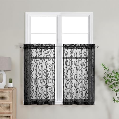 Furman Sheer Curtains Tiers 36 inch Length 2 Panels Set for Bedroom Living Room, Light Filtering Solid Voile Sheer Black Curtains Drapes for Small Window/Living Room/Bedroom, Each 28Wx36L - color: Black, size: 28"W x 36"L (Pack of 2)