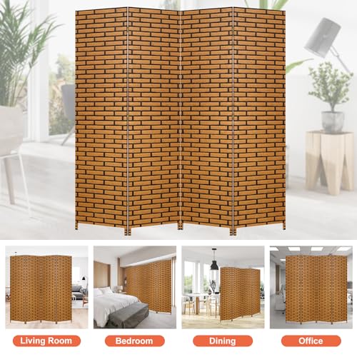 BLKMTY Room Divider, 6ft Folding Privacy Screens, Wall Divider Portable Room Seperating Freestanding Wood Screen, 4 Panels Hand-Woven Design Screen Double Hinged Dividers for Bedroom, Brick - color: Brick