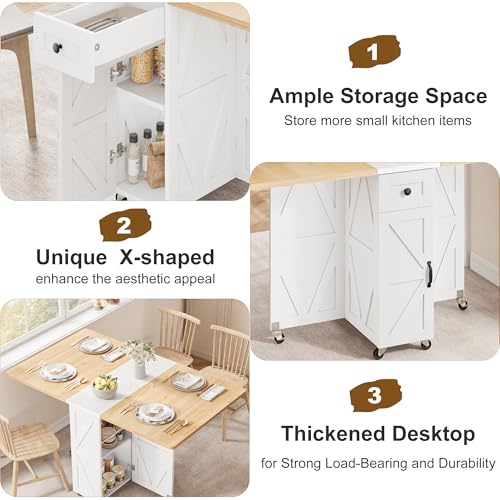 Jocoevol Folding Dining Table, Dining Table Set for 4, Foldable Kitchen Table Farmhouse Dinner Table, Space Saving Drop Leaf Tables for Small Spaces, Extendable Dining Room Table (Pear Wood White)