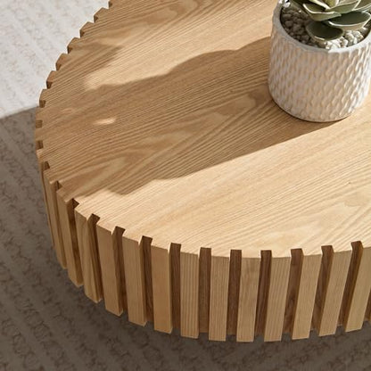 43.7'' Round Coffee Table for Living Room,Modern Handcraft Drum Coffee Table Wood Small Coffee Table with Sturdy Pedestal,Oak - color: Oak, size: 43.7"x24.8"x13.38"