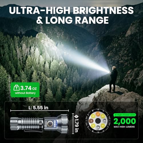 Yemao 2000 Lumen EDC Flashlight Small Rechargeable Flashlight with Memory,Multi-Color Light (Warm Yellow/Red/Green/Blue/UV) with 5 Buttons,Ideal for Home,Outdoor,Emergency Use