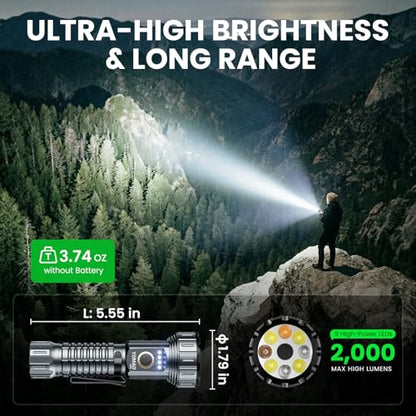 Yemao 2000 Lumen EDC Flashlight Small Rechargeable Flashlight with Memory,Multi-Color Light (Warm Yellow/Red/Green/Blue/UV) with 5 Buttons,Ideal for Home,Outdoor,Emergency Use