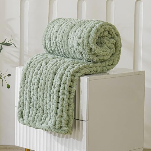 WESHIONGOO Chunky Knit Blanket Throw for Couch Bed 40"×40" Sage Green | 100% Handmade Knit Throw blanket Throw Blanket With Jumbo Chenille Yarn Thick - color: Sage Green, size: 40"x40"(Small Size Throw)