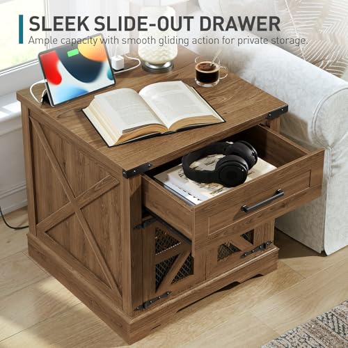 Walnut Farmhouse End Table with Charging Station, 24" Large Sofa Side Table with Drawer, Large End Table for Living Room, Wooden Nightstand with Outlet, Square, Walnut - color: Walnut