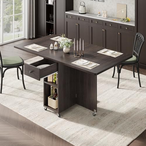 Jocoevol Space Saving Folding Dining Table for 4, Foldable Dining Table with Drawer and Storage Shelf, 6 Wheels Drop Leaf Kitchen Dining Room Table for Small Space (Walnut, 47.2" x 23.6" x 29.9") - color: Black Walnut