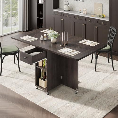 Jocoevol Space Saving Folding Dining Table for 4, Foldable Dining Table with Drawer and Storage Shelf, 6 Wheels Drop Leaf Kitchen Dining Room Table for Small Space (Walnut, 47.2" x 23.6" x 29.9") - color: Black Walnut