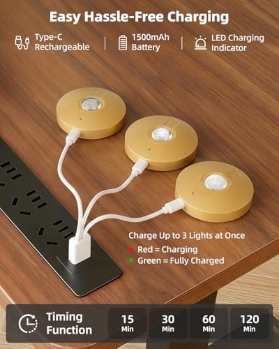 Rechargeable Puck Lights with Remote Control, 1500mAh Battery Operated Tap Lights, Dimmer & Timer Under Cabinet, Wireless LED Stick-On for Closet, Bedroom, Kitchen - Gold 12Pcs - color: Gold