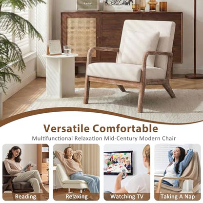 Mid Century Accent Chair with Solid Oak Frame & Linen Fabric, Beige | Upholstered Lumbar Pillow Lounge Chair Linen Fabric Cozy Leisure Chair Walnut Living Room Chair for Bedroom Waiting Room - color: Weathered Oak - Beige Fabric, style: 1 PCS