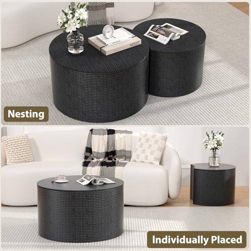 Nesting Coffee Table Set of 2, Round, Black | Hidden Storage, Leather Wrapped, Stackable End Tables, No Assembly Required, For Small Space Living Room Apartment - color: Black