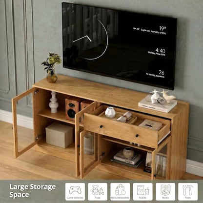 TUSY 71" TV Stand Storage Set - 2 Tall Bookcases & 2 Side Cabinets, Media Console with Glass & Wood Doors, Entertainment Center with Drawers, Tall Media Console for Living Room (Wood, AFFA) - color: Wood