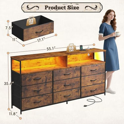 Romorgniz 55" W Dresser for Bedroom with 9 Drawers LED TV Stand with Power Outlets for 45, 55, 65 Inch TV Sturdy Long Chest of Drawers with Extra 2 Wooden Shelves Steel Frame Rustic Brown - color: Rustic Brown