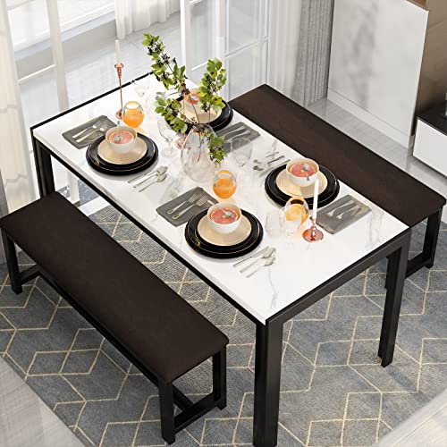 Dining Room Table Set with 2 Benches, Dining Table Set for 4-6, Dinner Table Set for 4, Faux Marble Breakfast Table Set & PU Leather Upholstered Benches for Small Spaces, Apartment, White - color: White