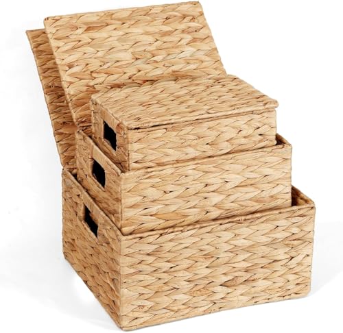 Wicker Storage Baskets with Lids,Multi-size 3 Pack Natural Water Hyacinth Wicker Nesting Baskets,Decorative Storage Ratten Boxes for Organizing,Storage,and Gifts - size: 13.19"D x 11.81"W x 7.48"H