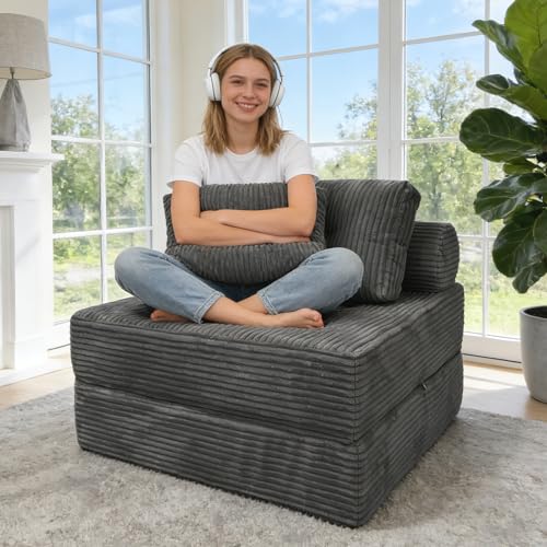 Folding Sofa Bed Convertible Couch Chair with Pillow, Boneless Sleeper Sofa | Velvet Futon Chair with Back Support, Portable Fold Out Lounger for Living Room, Apartment & Dorm, Dark Grey Corduroy - color: Dark Grey, size: Single