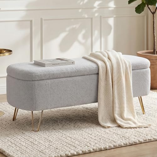 Modern Storage Ottoman Bench, Teddy Upholstered Entryway Bench with Gold Legs, Vintage End of Bed Bench with Safety Hinge, Padded Bench with Storage for Living Room, Bedroom, Entryway(Grey) - color: Grey